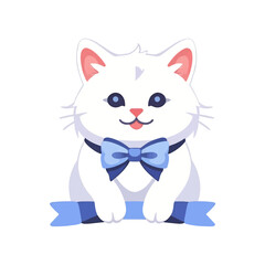 Obraz premium Cute_White_Cat_Bowtie_Cartoon_Illustration_Kitty_Pet_Animal