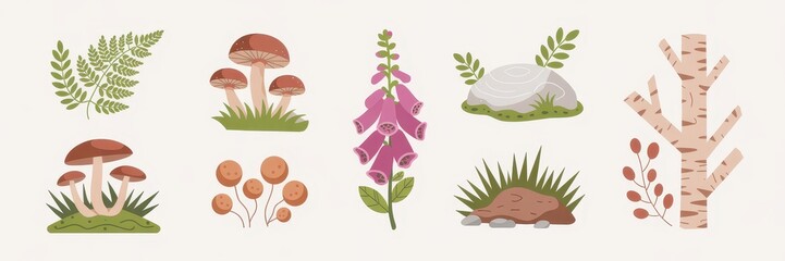 Colorful woodland elements in flat design style