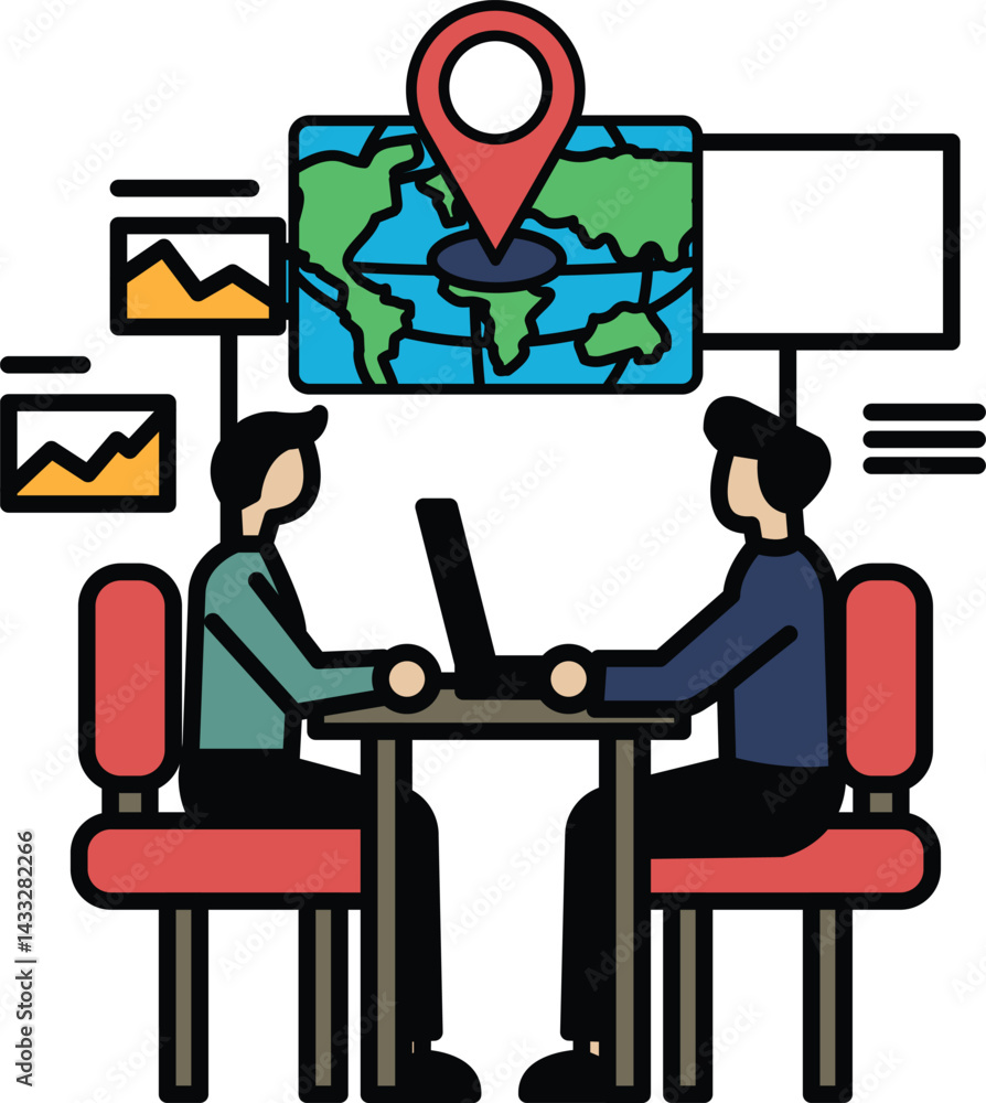 Poster two men sitting at a table with a laptop in front of them