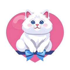 Cute_White_Cat_Cartoon_Heart_Blue_Bow_Illustration