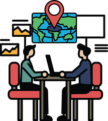 Two men sitting at a table with a laptop in front of them