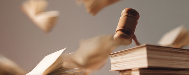 Floating gavel surrounded by flying books symbolizes justice and knowledge
