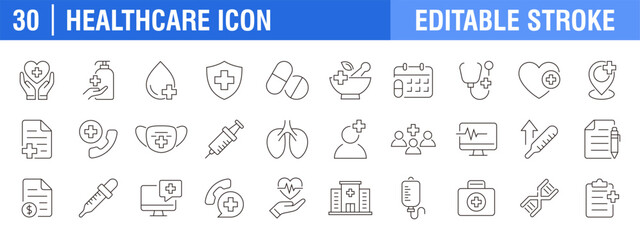 Collection of healthcare icons. Treatment, patient, hospital, clinic. Vector design template, signs, symbols, editable stroke.