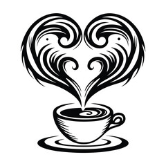 Coffee Cup Black and White Drink with HeartShaped Steam Symbolism