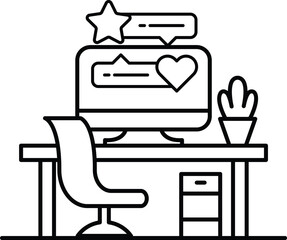 computer monitor sits on a desk with a chair and a potted plant