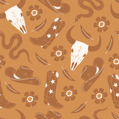 Seamless pattern with cowboy boots, hat, skull and snake on warm yellow background. Wild West style. Hand drawn vector illustration for wrapping paper, textile, fabric.
