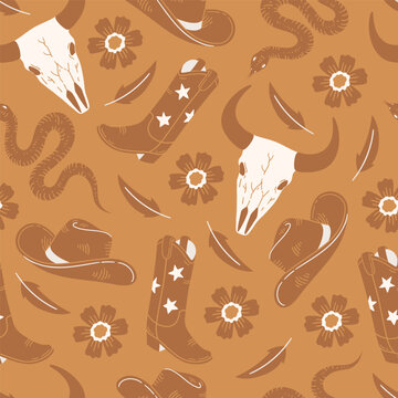 Seamless pattern with cowboy boots, hat, skull and snake on warm yellow background. Wild West style. Hand drawn vector illustration for wrapping paper, textile, fabric.