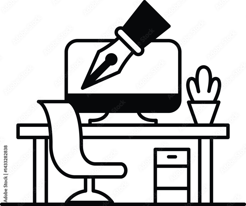Poster computer monitor with a pen on it sits on a desk with a chair