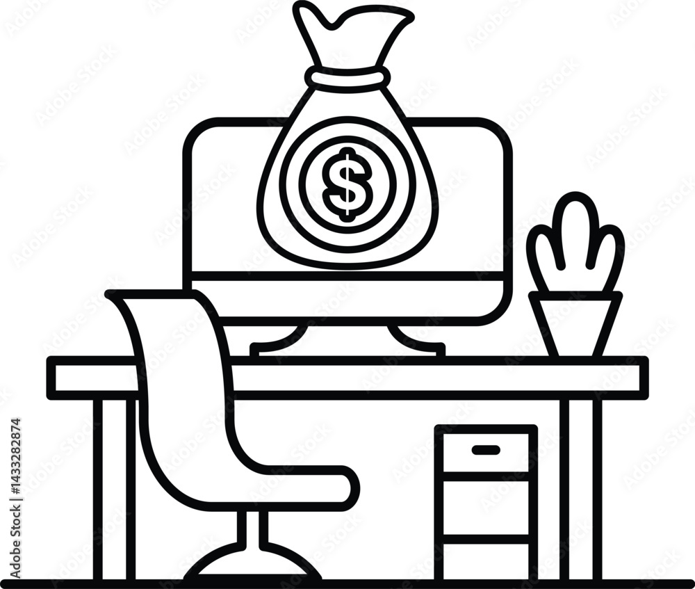 Poster a computer monitor with a dollar sign on it is on a desk with a red chair