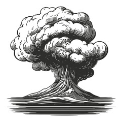 Engraving Style Illustration of Erupting Volcano with Dramatic Clouds