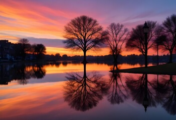 Fototapeta premium Sunset Reflection of Trees in Calm Water