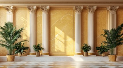 Classical Interior, Sunlight, Columns, Plants.  Possible use Stock photo for luxury home design, architecture, or interior design magazines