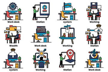 set of illustrations in the concept of office desks and business equipment in a line style