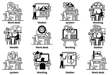 set of illustrations in the concept of office desks and business equipment in a line style