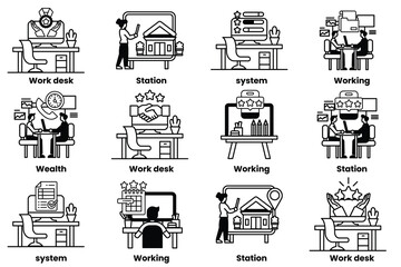 set of illustrations in the concept of office desks and business equipment in a line style