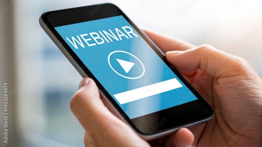 Poster a person holding a smartphone displaying a webinar interface, featuring a play button and a title, s