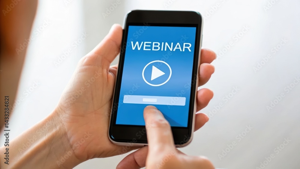Poster a hand holding a smartphone displaying a webinar interface, featuring a play button on a blue backgr