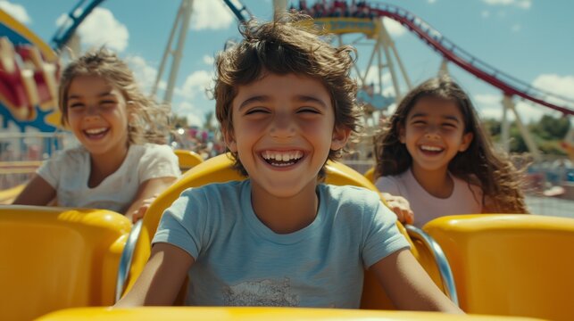 Three joyful children laughing while riding a rollercoaster at a theme park