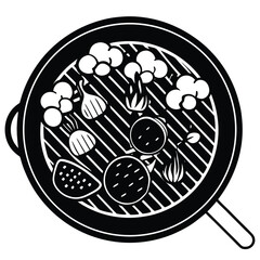 Camping Food & Cooking Gear vector silhouette illustration Grill top view with skewers, mushrooms, veggies, and sizzling smoke