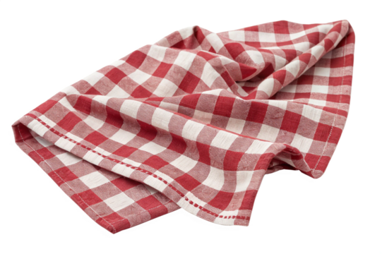 Red and white checkered gingham crumpled cloth napkin, casual kitchen or picnic use isolated on transparent background