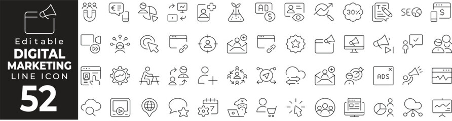 Digital Marketing Icon Set: A Line Icon Collection Featuring SEO, Social Media, Ads, Analytics, Content, and More