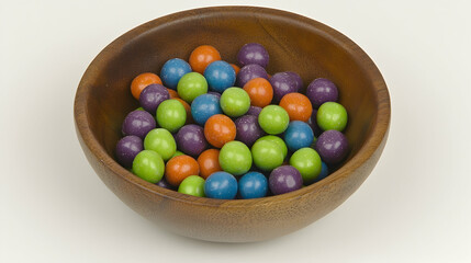 Colorful candy balls in wooden bowl on white background; sweet treat, confectionery, dessert