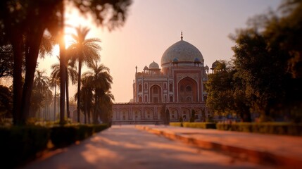 Exploring Humayun's Tomb in Delhi India at Sunrise with Palm Trees