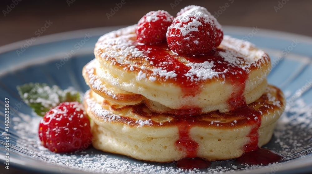 Poster stack of pancakes with raspberry sauce and powdered sugar dessert