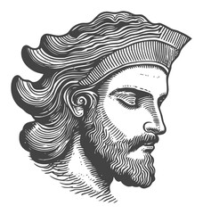 Detailed Engraving of a Classical Male Profile with Flowing Hair