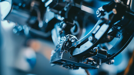 Obraz premium A robotic arm in an AI powered production facility, assembling parts for autonomous flying cars, Auto-tech style