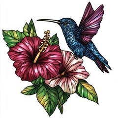 Delicate blue hummingbird gracefully hovers above vibrant hibiscus flowers in a tropical garden