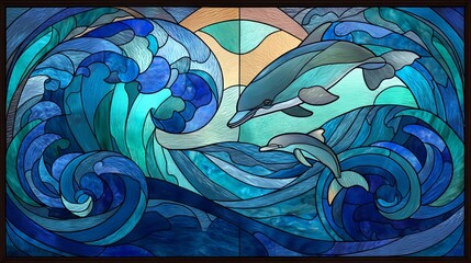 Ocean waves embrace dolphins in a stunning glass panorama celebrating nature's beauty