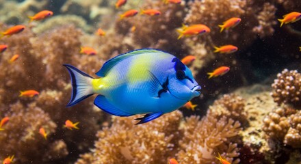 Fototapeta premium Blue Tang Swimming in Coral Reef with Schooling Anthias Fish