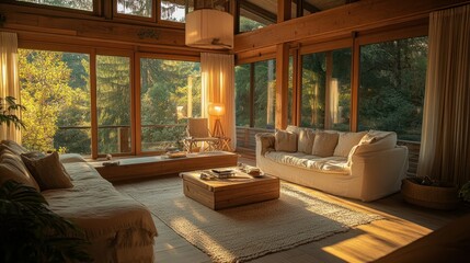 Obraz premium A bright and cozy living room with large windows and natural light