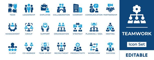 Teamwork Icon Set. Includes assistance, collaboration, cooperation, help, deal, meeting, brainstorm, organization, and planning