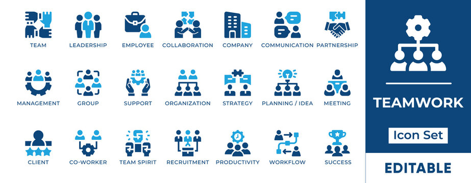 Flat vector icons representing teamwork, leadership, collaboration, and business success. Ideal for corporate projects, office communication, and team-building content.