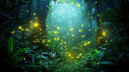 Fototapeta premium Deep Jungle Landscape with Glowing Fireflies