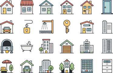 Fototapeta premium Silhouette real estate icons set. Set of outline variant silhouette real estate symbol icons collection