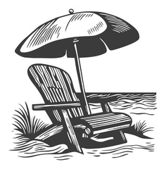 Classic Beach Scene with Chair and Umbrella in Engraving Style