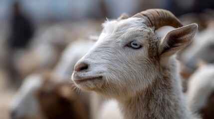 Obraz premium Close-up of Horned White Goat with Light Blue Eyes in Herd