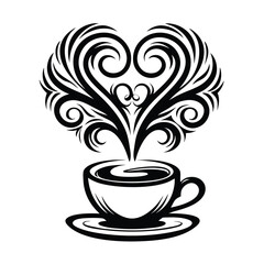 Coffee Cup with Floral Heart Design, Hot Drink on Plate, Black and White