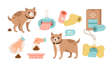 Pet waste bags set. Cleaning up after the dog. Poop bag to clean after a dog during a walk. Flat vector illustration.