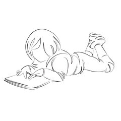 One continuous line art drawing flat illustration tablet, girl, home, using, internet, technology. Isolated image hand draw outline on white background, not AI