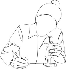 One continuous line art drawing flat illustration science, woman, chemistry, medicine, microscope, experiment. Isolated image hand draw outline on white background, not AI