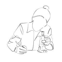 One continuous line art drawing flat illustration science, woman, chemistry, medicine, microscope, experiment. Isolated image hand draw outline on white background, not AI
