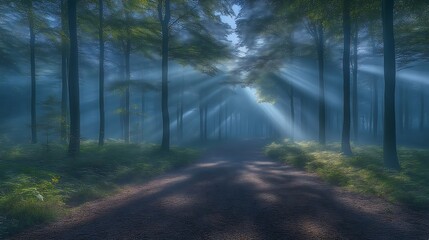 Fototapeta premium Sunbeams Forest Path Misty Morning