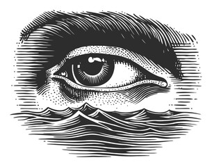 Intricate Eye Illustration with Waves in Engraving Style Art
