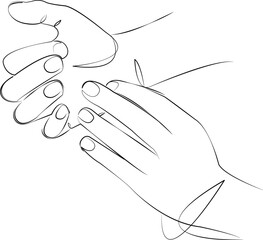One continuous line art drawing flat illustration hand, concept, gesture, finger, skin, human. Isolated image hand draw outline on white background, not AI