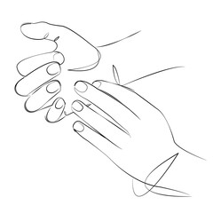 One continuous line art drawing flat illustration hand, concept, gesture, finger, skin, human. Isolated image hand draw outline on white background, not AI