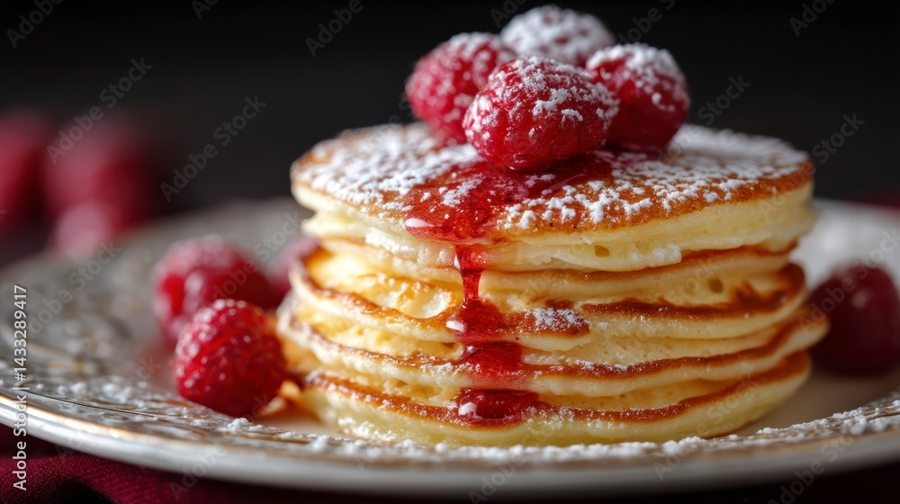 Poster pancake stack with raspberries and syrup drizzle covered in powdered sugar